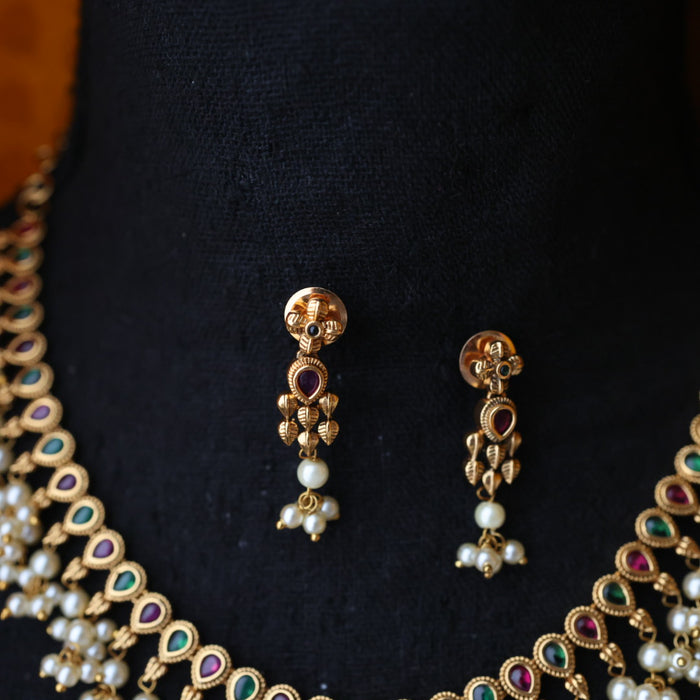 Antique ruby green pearl short necklace with earrings TT020349
