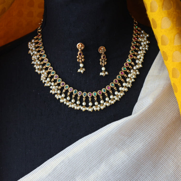 Antique ruby green pearl short necklace with earrings TT020349