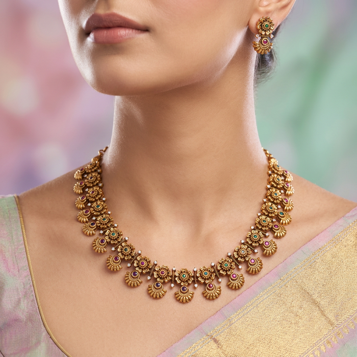 Antique ruby green short necklace with earrings TT020534