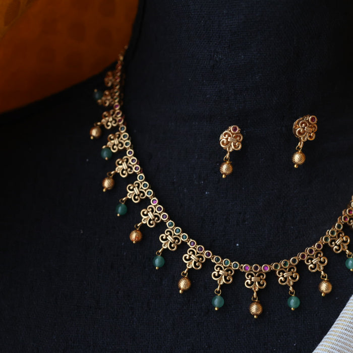 Antique ruby stone green pearl short necklace with earrings TT02055