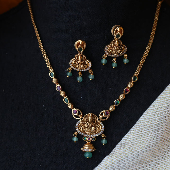 Antique ruby green pearl simple short necklace with earrings TT02057