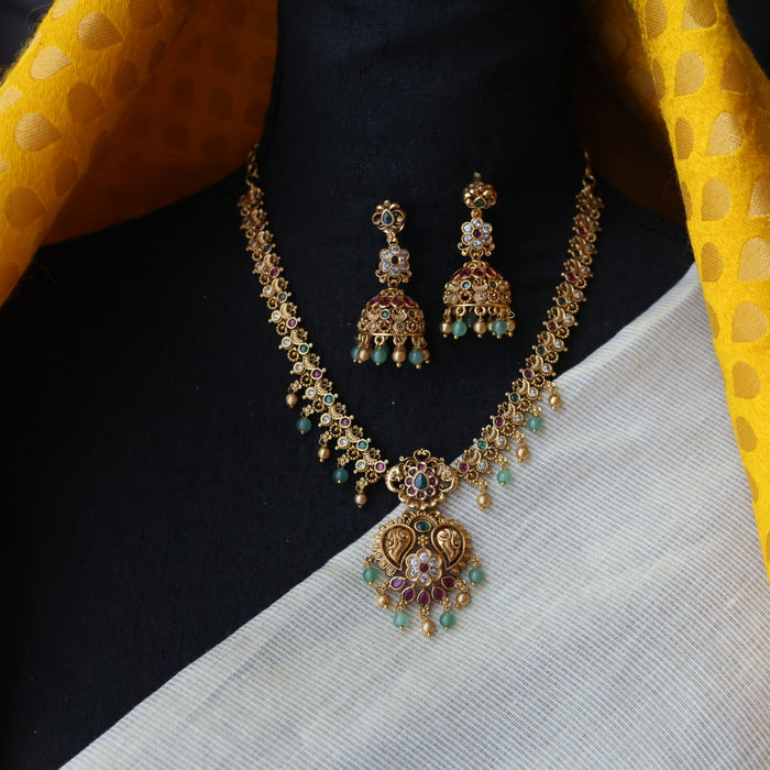 Antique ruby green pearl short necklace with earrings TT020553