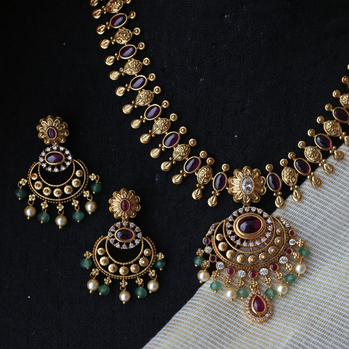 Antique ruby green pearl short necklace with earrings TT020332
