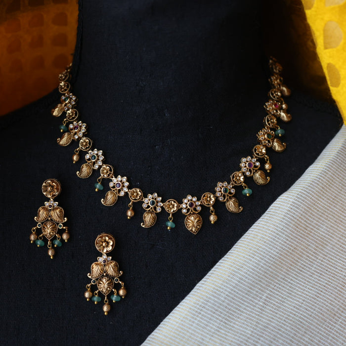Antique ruby green pearl short necklace with earrings TT020599