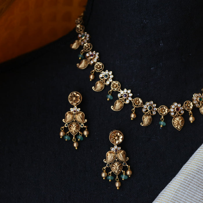 Antique ruby green pearl short necklace with earrings TT020599