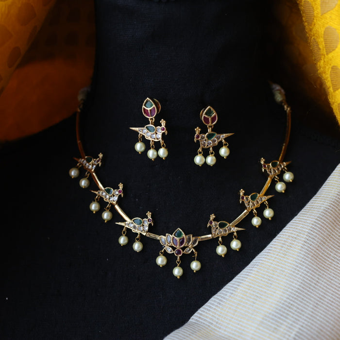 Antique ruby green stone pearl short necklace with earrings TT02053