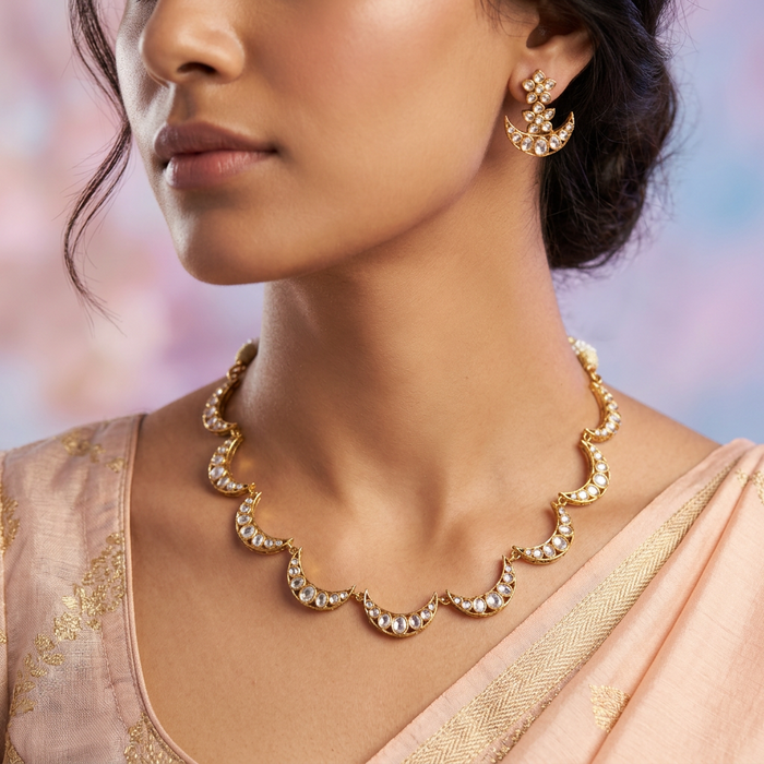 Antique gold simple white stone short necklace and earrings TT02433
