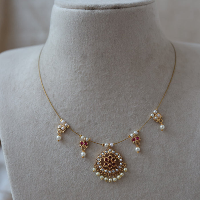 Heritage ruby stone and pearl design invisible short necklace IN986