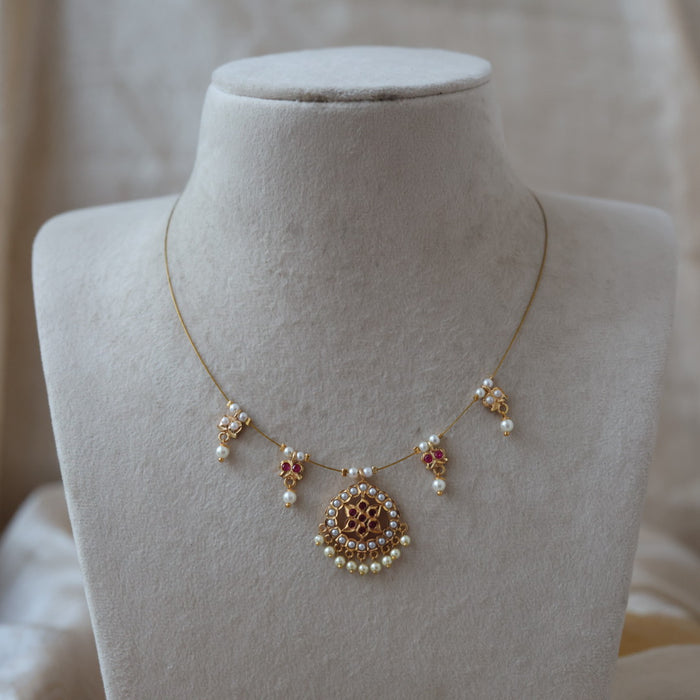 Heritage ruby stone and pearl design invisible short necklace IN986