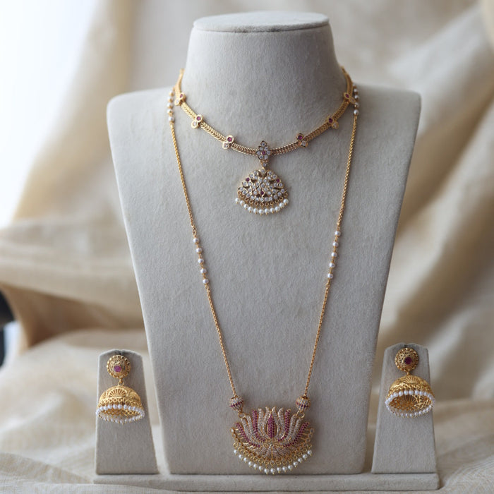 Heritage gold plated padakam long and short necklace set HPS1098