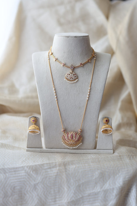 Heritage gold plated padakam long and short necklace set HPS1098