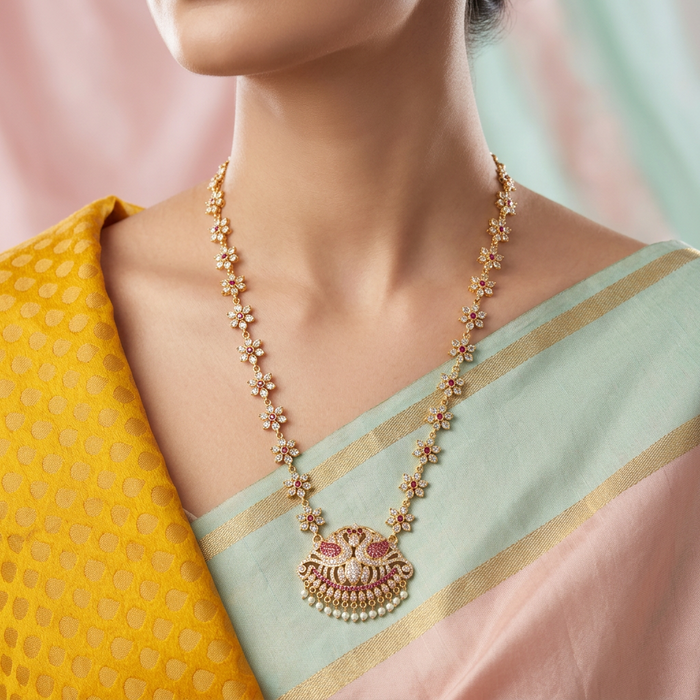 Heritage ruby white stone gold plated long necklace HL901