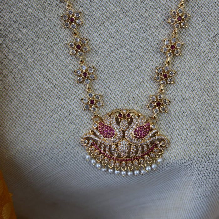 Heritage ruby white stone gold plated long necklace HL901