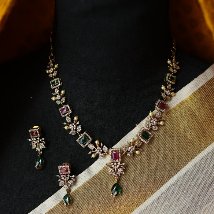 Victorian ruby green stone short necklace with earrings V13013