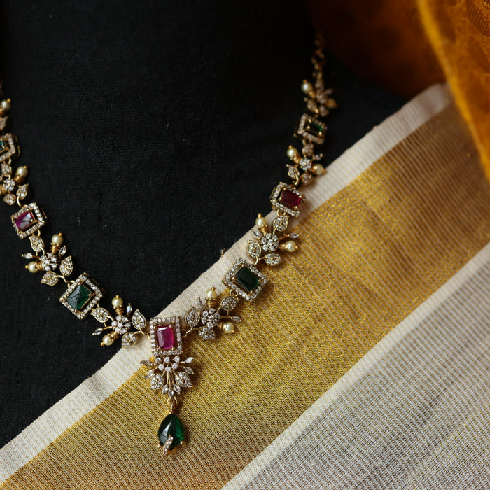 Victorian ruby green stone short necklace with earrings V13013