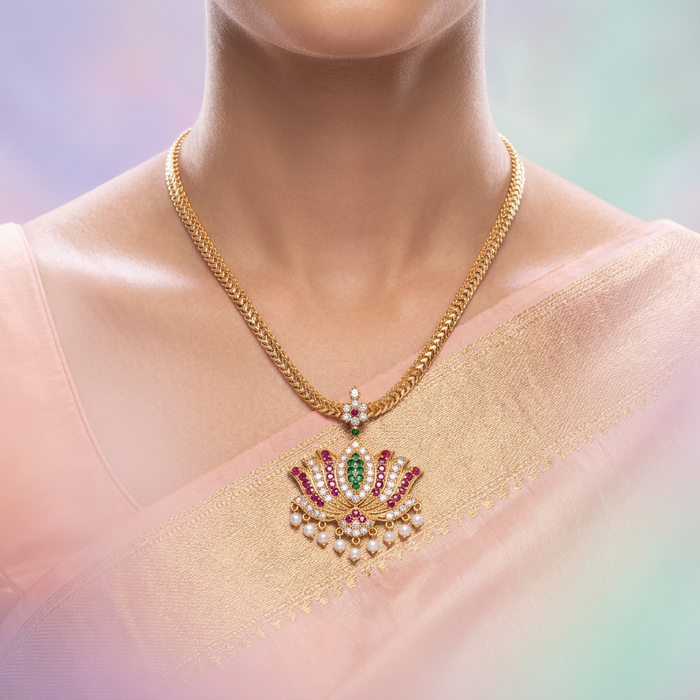 Heritage multi stone lotus gold plated short necklace H9021