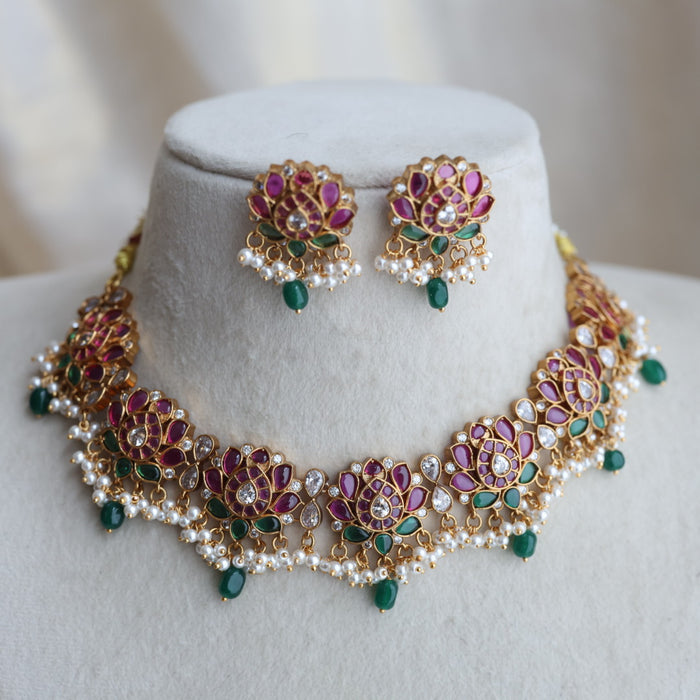 Antique ruby stone green bead short necklace with earrings RUB1293