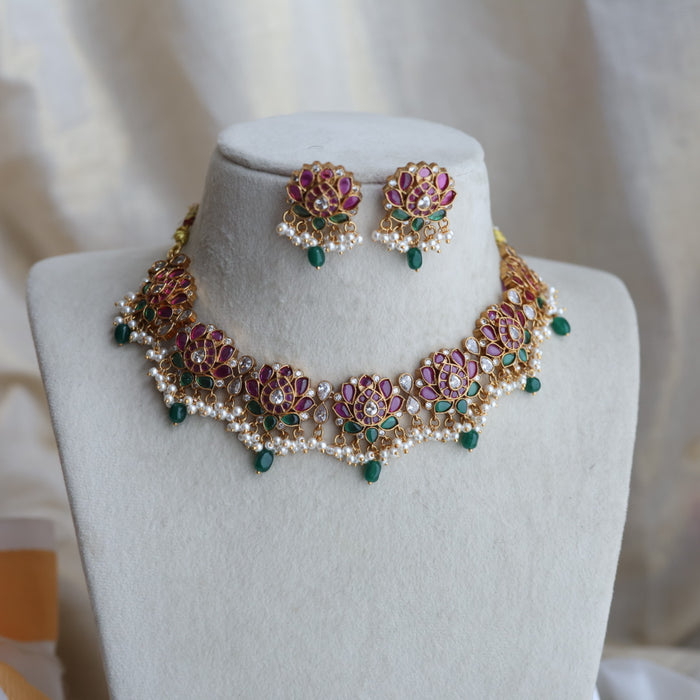 Antique ruby stone green bead short necklace with earrings RUB1293