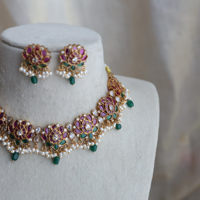 Antique ruby stone green bead short necklace with earrings RUB1293