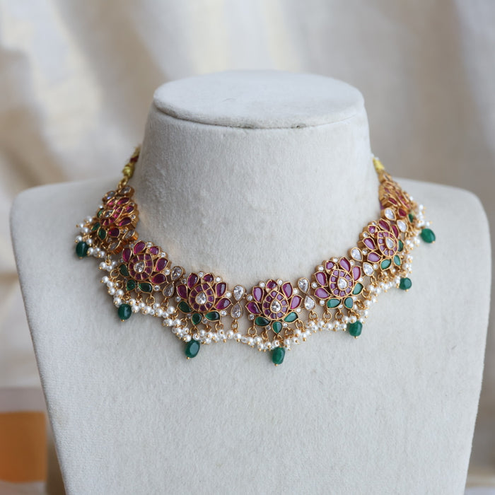 Antique ruby stone green bead short necklace with earrings RUB1293