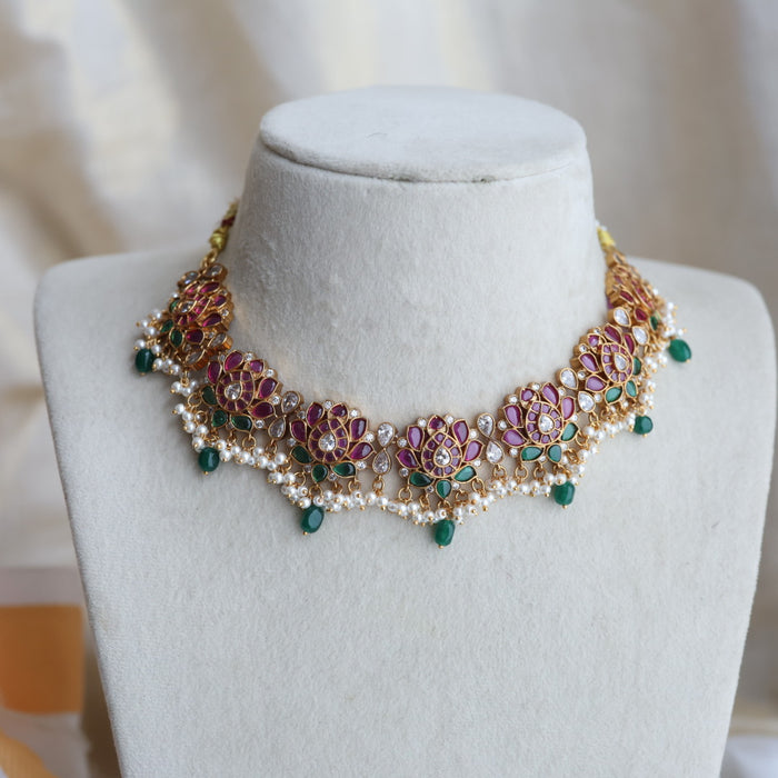 Antique ruby stone green bead short necklace with earrings RUB1293