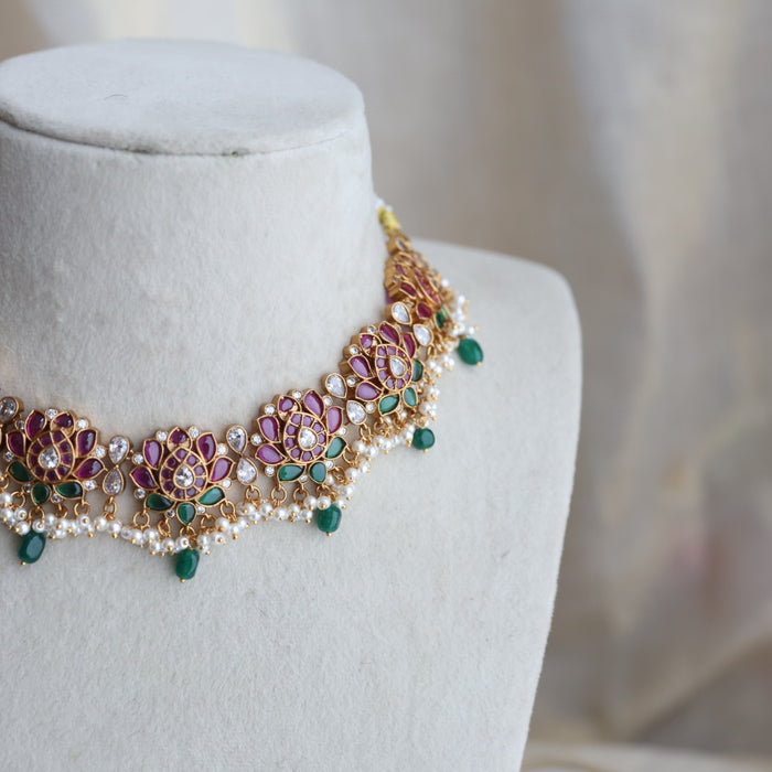 Antique ruby stone green bead short necklace with earrings RUB1293