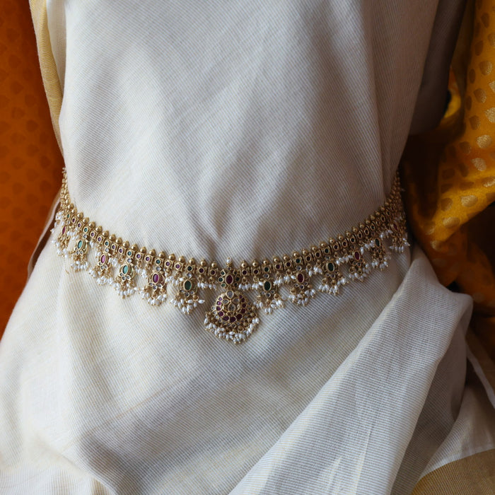 Antique gold and pearl floral design waistchain AW4988