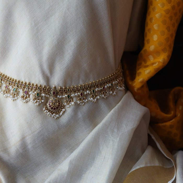 Antique gold and pearl floral design waistchain AW4988