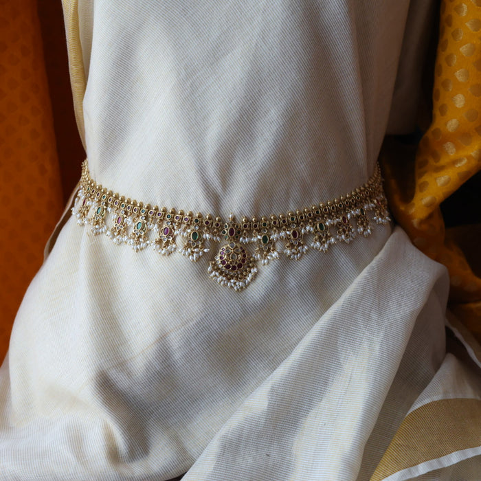 Antique gold and pearl floral design waistchain AW4988