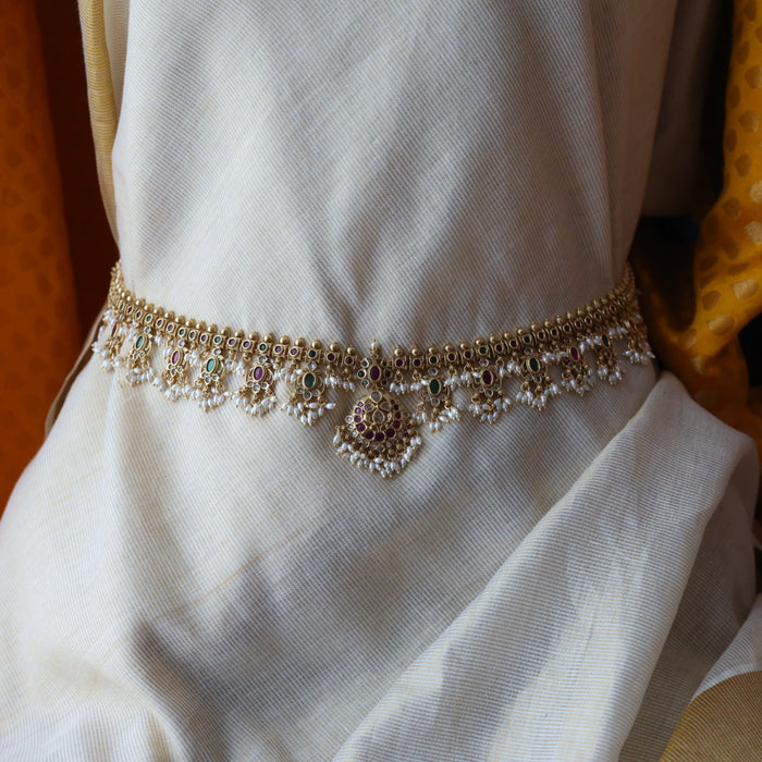 Antique gold and pearl floral design waistchain AW4988