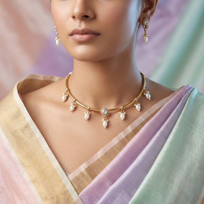 Minimal kundan choker necklace with earrings MS113