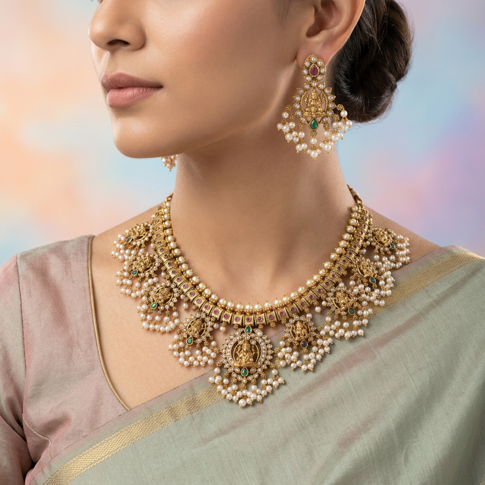 Antique pearl short necklace and earrings SS12932