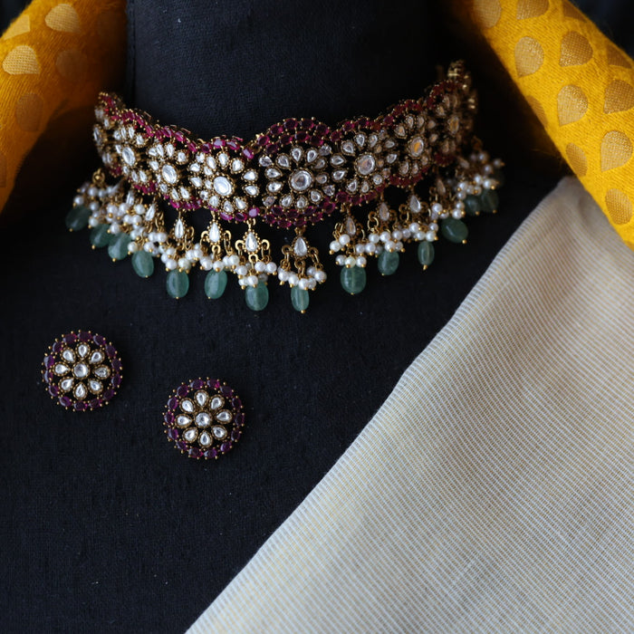 Trendy pink stone choker necklace with earrings and tikka TP0013