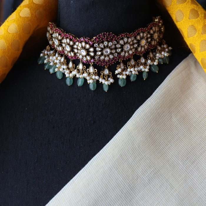 Trendy pink stone choker necklace with earrings and tikka TP0013