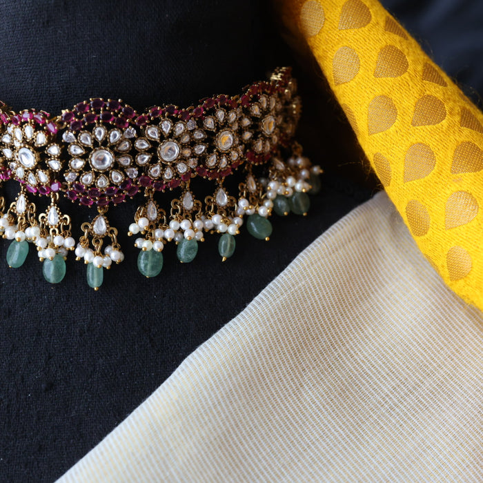 Trendy pink stone choker necklace with earrings and tikka TP0013