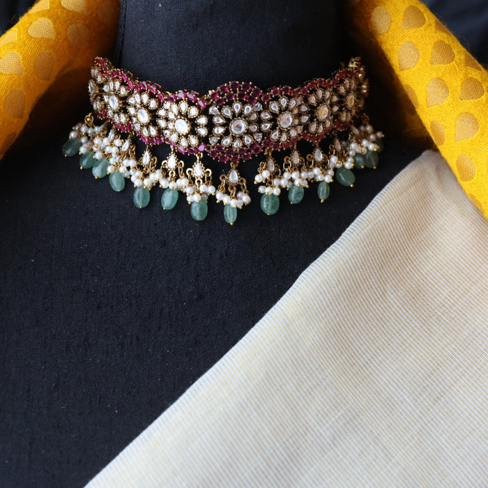 Trendy pink stone choker necklace with earrings and tikka TP0013
