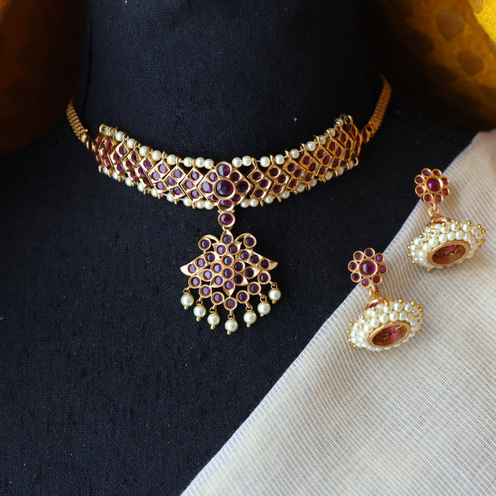 Antique ruby stone choker necklace with earrings CCB10123