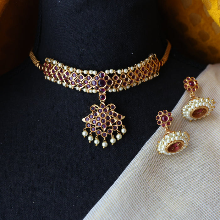 Antique ruby stone choker necklace with earrings CCB10123