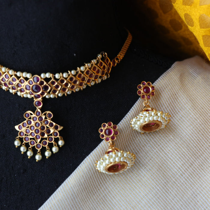 Antique ruby stone choker necklace with earrings CCB10123