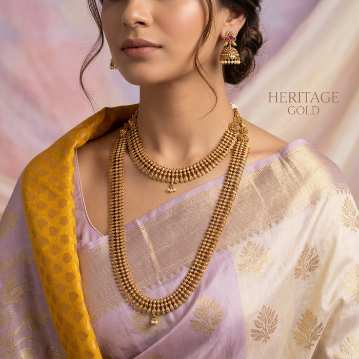 Antique gold long and short necklace and earrings HLS0012