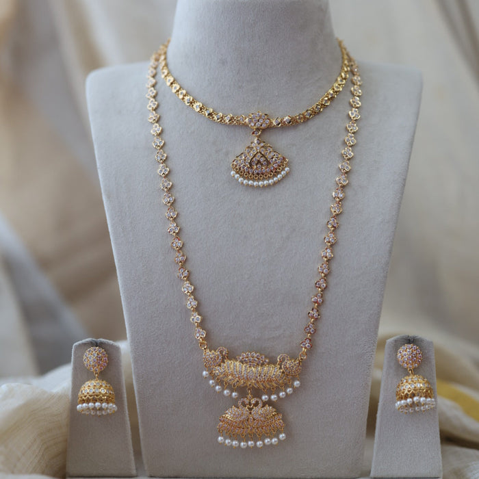Heritage gold plated padakam long and short necklace set with earrings HPS532