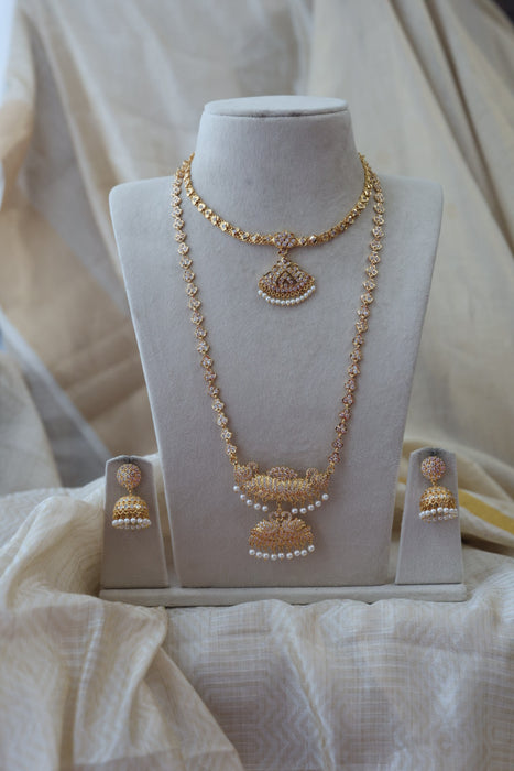 Heritage gold plated padakam long and short necklace set with earrings HPS532