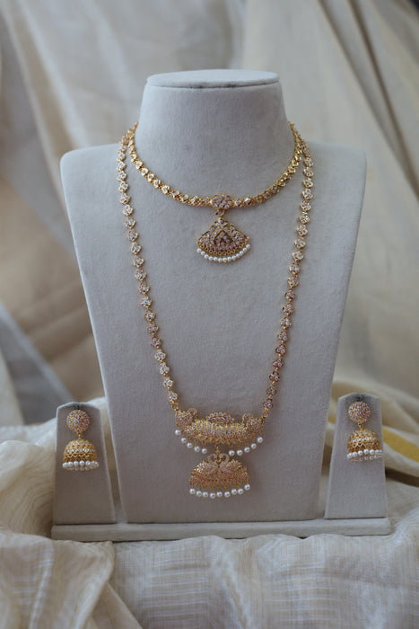 Heritage gold plated padakam long and short necklace set with earrings HPS532