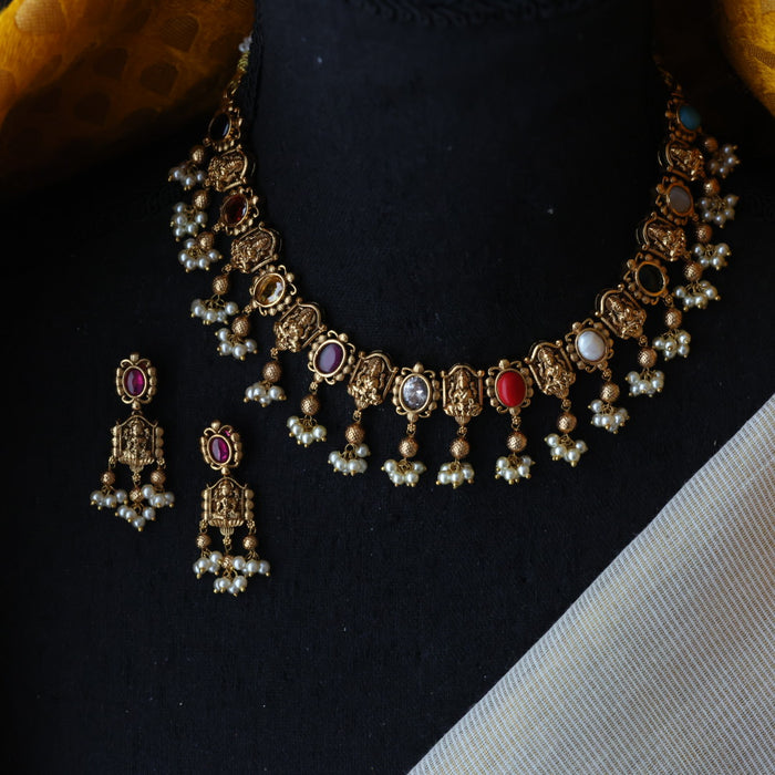 Antique navarathna stone short necklace and earrings SS12934