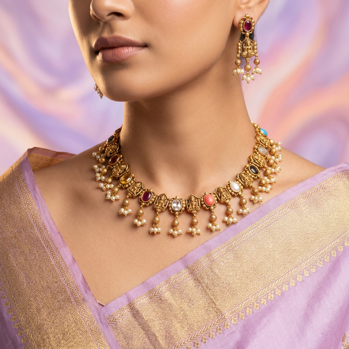 Antique navarathna stone short necklace and earrings SS12934