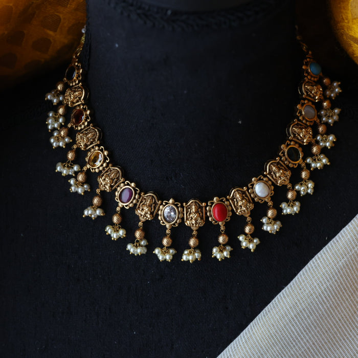 Antique navarathna stone short necklace and earrings SS12934