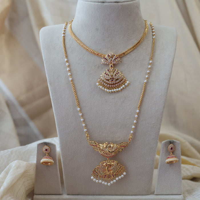 Heritage gold plated padakam long and short necklace set with earrings HPS553