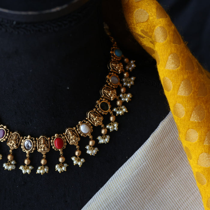 Antique navarathna stone short necklace and earrings SS12934