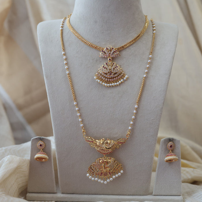 Heritage gold plated padakam long and short necklace set with earrings HPS553