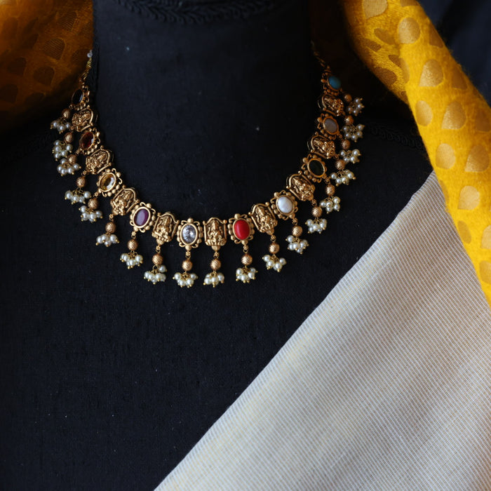 Antique navarathna stone short necklace and earrings SS12934